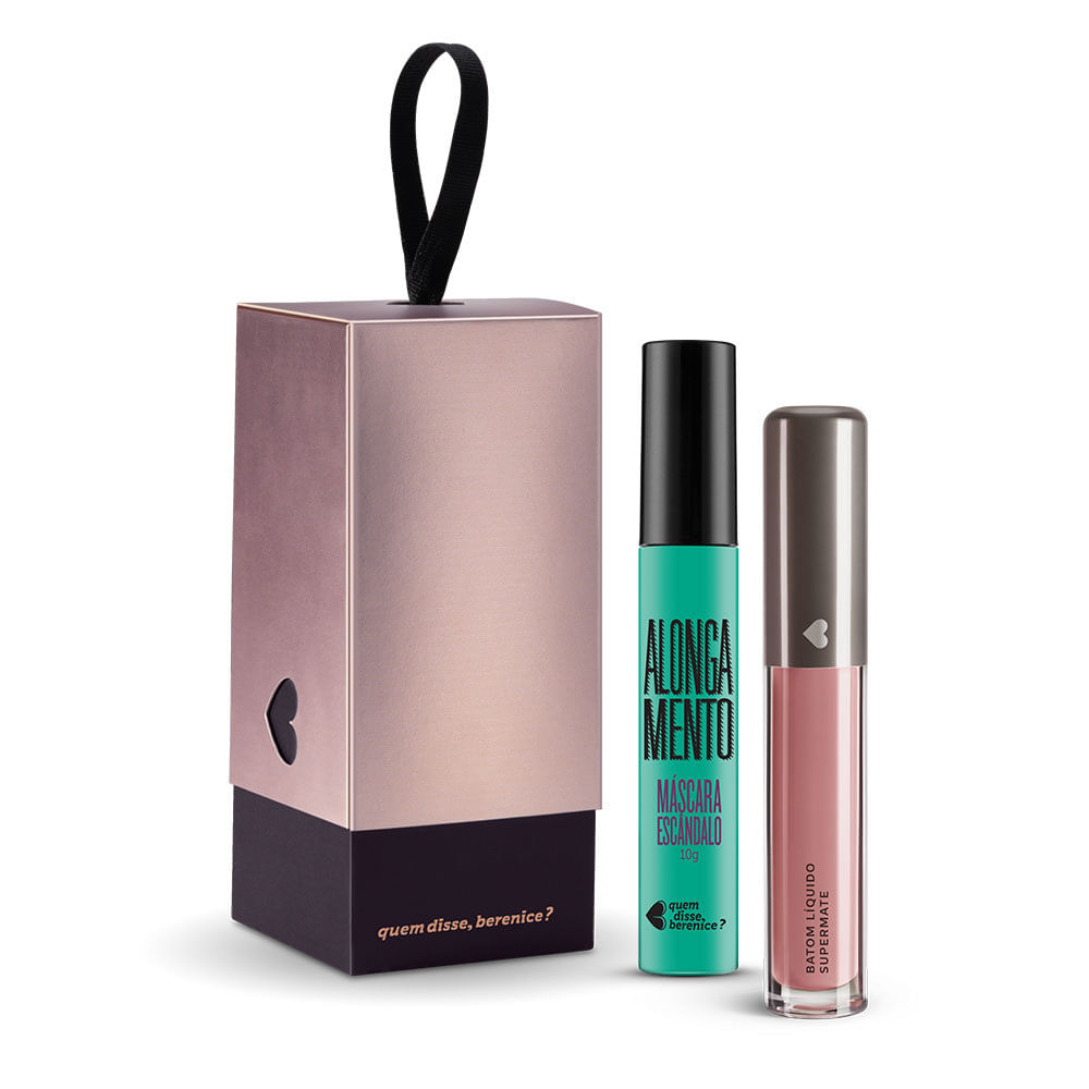 Kit Máscara de Cílios Escândalo Preti Alongamento + Batom Líquido Supermate Rosetali + Caixa cubo P