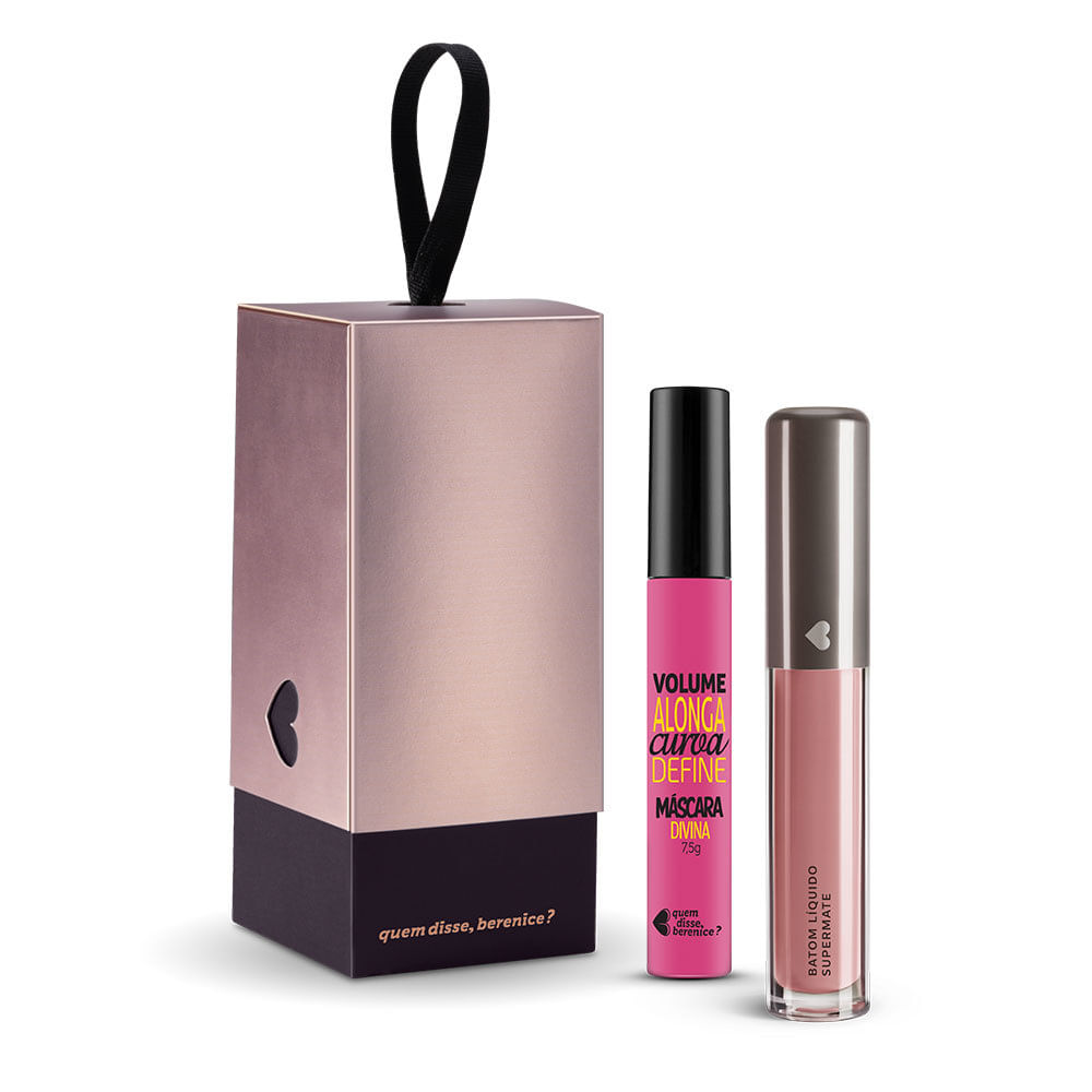 Kit Máscara de Cílios Divina Preté Volume Alonga Curva e Define + Batom Líquido Supermate Rosetali + Caixa cubo P