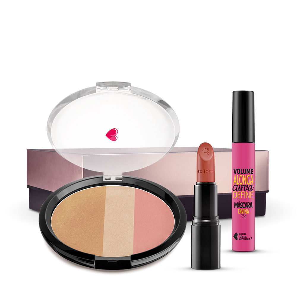 Kit Pó Multiefeitos + Máscara de cílios Divina Preté Volume Alonga Curva e Define + Batom Mate Veludo Marronterra + Caixa Cubo G